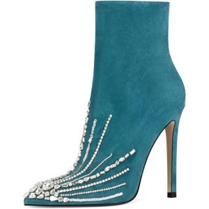 imageFSJ Women Fashion High Heel Ankle Boots with Rivets Closed Pointed Toe Stilettos Zipper Unique Style Shoes Size 415 M USTeal Decoration