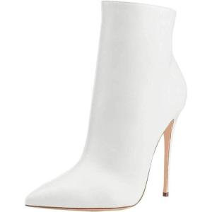 imageFSJ Women Fashion High Heel Ankle Boots with Rivets Closed Pointed Toe Stilettos Zipper Unique Style Shoes Size 415 M USWhite