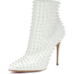 imageFSJ Women Fashion High Heel Ankle Boots with Rivets Closed Pointed Toe Stilettos Zipper Unique Style Shoes Size 415 M USWhite Rivets