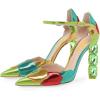 imageFSJ Women Shiny Crystal Heel Colorful Sandals Pointed Toe High Heel Ankle Strap Buckle Party Prom Dress Ladies Shoes Size 415 USGreen Heel