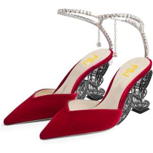 imageFSJ Women Butterfly Heel Crystal Chain Ankle Strap Heeled Sandals Sexy Pointed Toe Sparkling Rhinestones Holiday Dressy Shoes Size 415 USRed Velvet