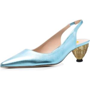imageFSJ Women Comfy Pointed Toe Low Heels Slingback Pumps Circle Block Heel Slip On Ankle Strap Office Work Dress Shoes Size 415 USBlue