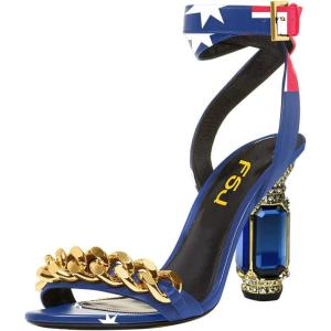 imageFSJ Women Gold Chain Crystal Chunky Block High Heel Ankle Strap Sandals Open Toe Fashion Dress Evening Party Shoes Size 416 USBlue Printing
