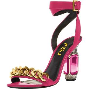 imageFSJ Women Gold Chain Crystal Chunky Block High Heel Ankle Strap Sandals Open Toe Fashion Dress Evening Party Shoes Size 416 USPink
