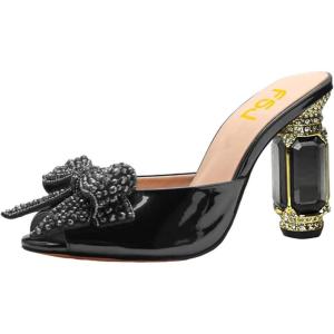 imageFSJ Women Luxury Crystal Chunky Heeled Mules Rhinestone Bow Peep Toe Slip On Backless Gem Slide Sandals Summer Slipper Shoes Size 415 USBlack High Heel