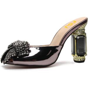 imageFSJ Women Luxury Crystal Chunky Heeled Mules Rhinestone Bow Peep Toe Slip On Backless Gem Slide Sandals Summer Slipper Shoes Size 415 USGraypurple