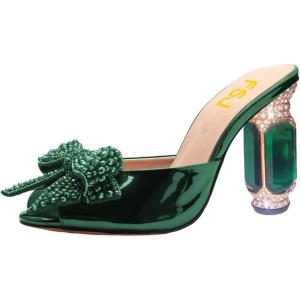 imageFSJ Women Luxury Crystal Chunky Heeled Mules Rhinestone Bow Peep Toe Slip On Backless Gem Slide Sandals Summer Slipper Shoes Size 415 USGreen High Heel