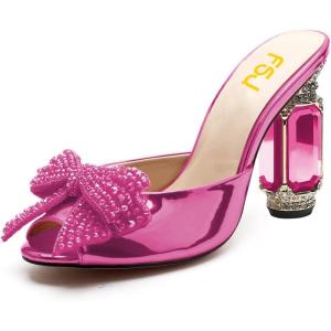 imageFSJ Women Luxury Crystal Chunky Heeled Mules Rhinestone Bow Peep Toe Slip On Backless Gem Slide Sandals Summer Slipper Shoes Size 415 USPink