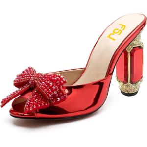 imageFSJ Women Luxury Crystal Chunky Heeled Mules Rhinestone Bow Peep Toe Slip On Backless Gem Slide Sandals Summer Slipper Shoes Size 415 USRed