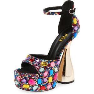 imageFSJ Women Platform Chunky Heel Open Toe Crystal Ankle Strap Heeled Sandals Block High Heel Sexy Cocktail Party Shoes Size 416 USGems