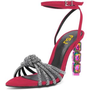 imageFSJ Women Sexy Shiny Strap Knot Open Toe Sandals Crystal High Heel Ankle Strap Summer Party Evening Prom Dance Shoes Size 415 USCrimson