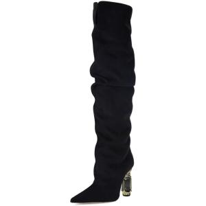 imageFSJ Women Slouchy Over The Knee Crystal Boots Thigh High Pointed Toe Chunky Block Heel with Bling Rhinestones Stretch Girl Party Shoes Size 416 USBlack Suede