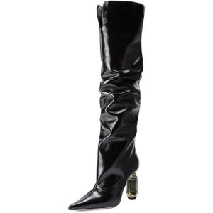 imageFSJ Women Slouchy Over The Knee Crystal Boots Thigh High Pointed Toe Chunky Block Heel with Bling Rhinestones Stretch Girl Party Shoes Size 416 USBlack