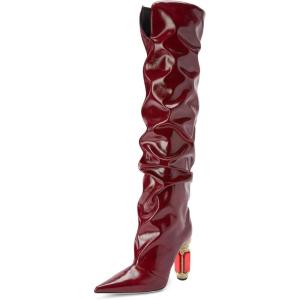 imageFSJ Women Slouchy Over The Knee Crystal Boots Thigh High Pointed Toe Chunky Block Heel with Bling Rhinestones Stretch Girl Party Shoes Size 416 USRed