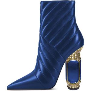imageFSJ Women Sparkly Crystal Block High Heel Pointed Toe Ankle Boot Side Zipper Wedding Party Banquet Dress Shoes Size 415 USBlue2