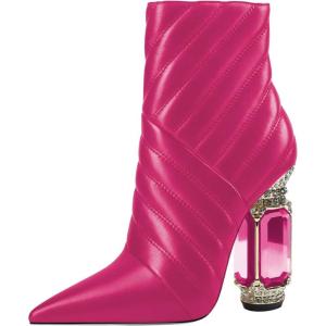 imageFSJ Women Sparkly Crystal Block High Heel Pointed Toe Ankle Boot Side Zipper Wedding Party Banquet Dress Shoes Size 415 USPink