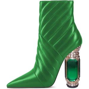 imageFSJ Women Sparkly Crystal Block High Heel Pointed Toe Ankle Boot Side Zipper Wedding Party Banquet Dress Shoes Size 415 USSpring Green