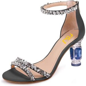 imageFSJ Women Chic Strappy Open Toe Sandals Ankle Wrap Back Zipper High Jewels Rhinestone Block Heels Summer Casual Shoes 415 USBlack