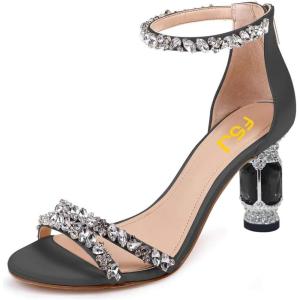 imageFSJ Women Chic Strappy Open Toe Sandals Ankle Wrap Back Zipper High Jewels Rhinestone Block Heels Summer Casual Shoes 415 USBlack Heel