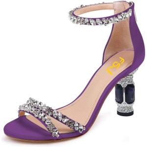 imageFSJ Women Chic Strappy Open Toe Sandals Ankle Wrap Back Zipper High Jewels Rhinestone Block Heels Summer Casual Shoes 415 USDark Purple