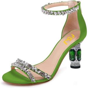 imageFSJ Women Chic Strappy Open Toe Sandals Ankle Wrap Back Zipper High Jewels Rhinestone Block Heels Summer Casual Shoes 415 USGreen