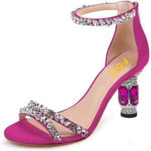 imageFSJ Women Chic Strappy Open Toe Sandals Ankle Wrap Back Zipper High Jewels Rhinestone Block Heels Summer Casual Shoes 415 USHot Pink