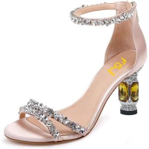 imageFSJ Women Chic Strappy Open Toe Sandals Ankle Wrap Back Zipper High Jewels Rhinestone Block Heels Summer Casual Shoes 415 USPink Yellow Heel