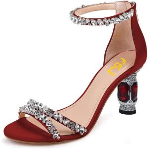 imageFSJ Women Chic Strappy Open Toe Sandals Ankle Wrap Back Zipper High Jewels Rhinestone Block Heels Summer Casual Shoes 415 USRed