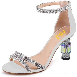 imageFSJ Women Chic Strappy Open Toe Sandals Ankle Wrap Back Zipper High Jewels Rhinestone Block Heels Summer Casual Shoes 415 USWhite