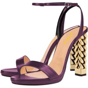 imageFSJ Women Gold Metal Chain Thick High Heel Sandals Open Toe Strappy Ankle Buckle Strap Slingback Comfy Summer Dress Shoes Silver Black 415 USPurple