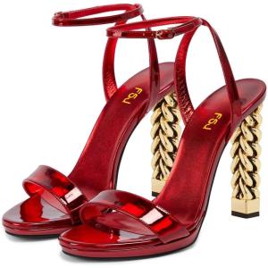 imageFSJ Women Gold Metal Chain Thick High Heel Sandals Open Toe Strappy Ankle Buckle Strap Slingback Comfy Summer Dress Shoes Silver Black 415 USRed