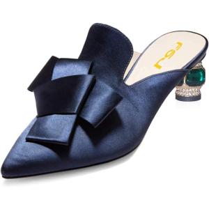 imageFSJ Women Retro Crystal Rhinestone Heeled Mules Pointed Toe Bows Slide Sandals Backless Emerald Bridal Wedding Dress Shoes Size 415 USNavy