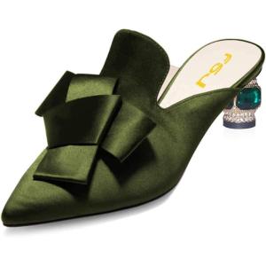 imageFSJ Women Retro Crystal Rhinestone Heeled Mules Pointed Toe Bows Slide Sandals Backless Emerald Bridal Wedding Dress Shoes Size 415 USOlive Green