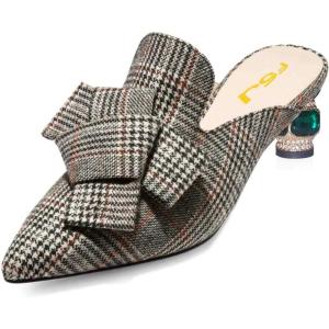 imageFSJ Women Retro Crystal Rhinestone Heeled Mules Pointed Toe Bows Slide Sandals Backless Emerald Bridal Wedding Dress Shoes Size 415 USPlaid