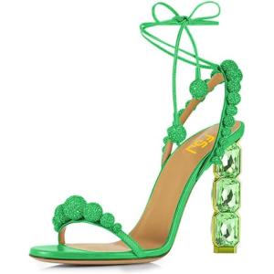 imageFSJ Women Sexy Open Toe Shiny Rhinestone Balls Sandals Strappy Ankle Strap Crystal High Heel Summer Party Date Dance Shoes Size 415 USSpring Green