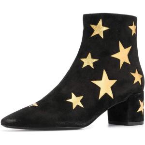 imageFSJ Women Western Square Toe Dressy Ankle Boot Gold Star Block Heel Faux Suede Zipper Short Bootie Size 415 USBlack