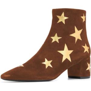 imageFSJ Women Western Square Toe Dressy Ankle Boot Gold Star Block Heel Faux Suede Zipper Short Bootie Size 415 USBrown