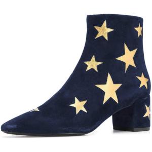imageFSJ Women Western Square Toe Dressy Ankle Boot Gold Star Block Heel Faux Suede Zipper Short Bootie Size 415 USDark Blue