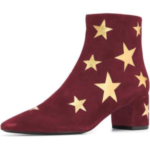 imageFSJ Women Western Square Toe Dressy Ankle Boot Gold Star Block Heel Faux Suede Zipper Short Bootie Size 415 USDark Red