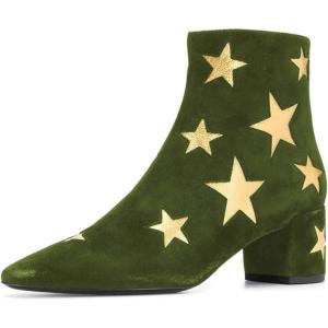 imageFSJ Women Western Square Toe Dressy Ankle Boot Gold Star Block Heel Faux Suede Zipper Short Bootie Size 415 USOlive
