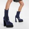 imageFSJ Women Gorgeous Pointed Toe Chunky High Heel Platform Ankle Boots Elastic Pull On Ladies Fashion Casual Shoes Size 415 USDark Blue