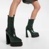 imageFSJ Women Gorgeous Pointed Toe Chunky High Heel Platform Ankle Boots Elastic Pull On Ladies Fashion Casual Shoes Size 415 USDark Green
