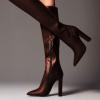 imageFSJ Women Sexy Knee High Chunky Heel Boots Matte Leather Closed Pointed Toe Side Zipper High Heeled Wide Calf Winter Fashion Dress Booties 415 M USBrown