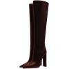 imageFSJ Women Sexy Knee High Chunky Heel Boots Matte Leather Closed Pointed Toe Side Zipper High Heeled Wide Calf Winter Fashion Dress Booties 415 M USBrown