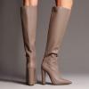 imageFSJ Women Sexy Knee High Chunky Heel Boots Matte Leather Closed Pointed Toe Side Zipper High Heeled Wide Calf Winter Fashion Dress Booties 415 M USDeep Apricot