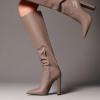 imageFSJ Women Sexy Knee High Chunky Heel Boots Matte Leather Closed Pointed Toe Side Zipper High Heeled Wide Calf Winter Fashion Dress Booties 415 M USDeep Apricot