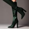 imageFSJ Women Sexy Knee High Chunky Heel Boots Matte Leather Closed Pointed Toe Side Zipper High Heeled Wide Calf Winter Fashion Dress Booties 415 M USGreen
