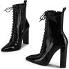 imageFSJ Women Stylish Pointed Toe Chunky Heel Lace Up Ankle Boots with Side Zipper Chelsea Mid Calf Short Booties Dress Patent Leather Boots Size 415 USBlack