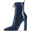 imageFSJ Women Stylish Pointed Toe Chunky Heel Lace Up Ankle Boots with Side Zipper Chelsea Mid Calf Short Booties Dress Patent Leather Boots Size 415 USBlue