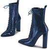 imageFSJ Women Stylish Pointed Toe Chunky Heel Lace Up Ankle Boots with Side Zipper Chelsea Mid Calf Short Booties Dress Patent Leather Boots Size 415 USBlue